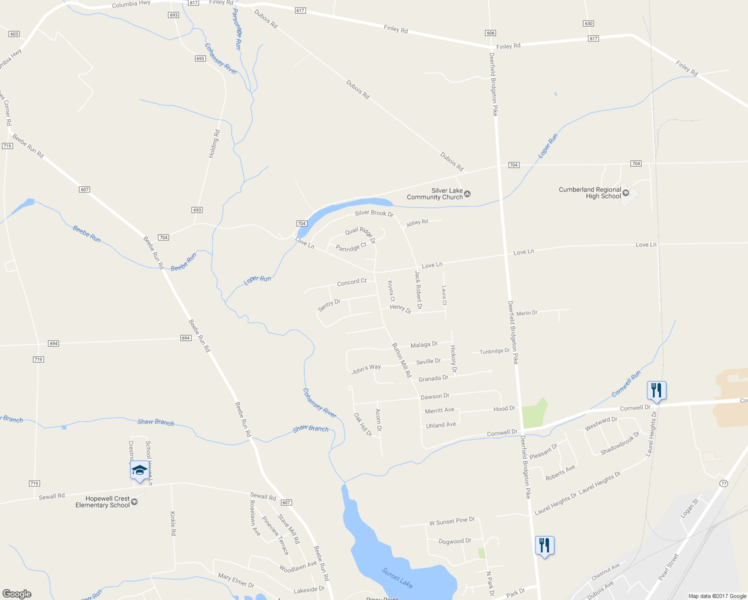 map of restaurants, bars, coffee shops, grocery stores, and more near 67 Sentry Drive in Bridgeton