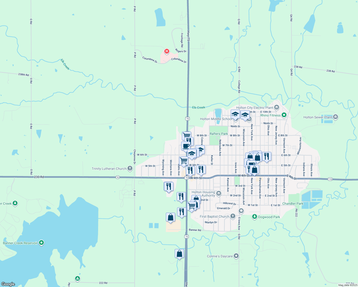 map of restaurants, bars, coffee shops, grocery stores, and more near 709 Idaho Ave in Holton