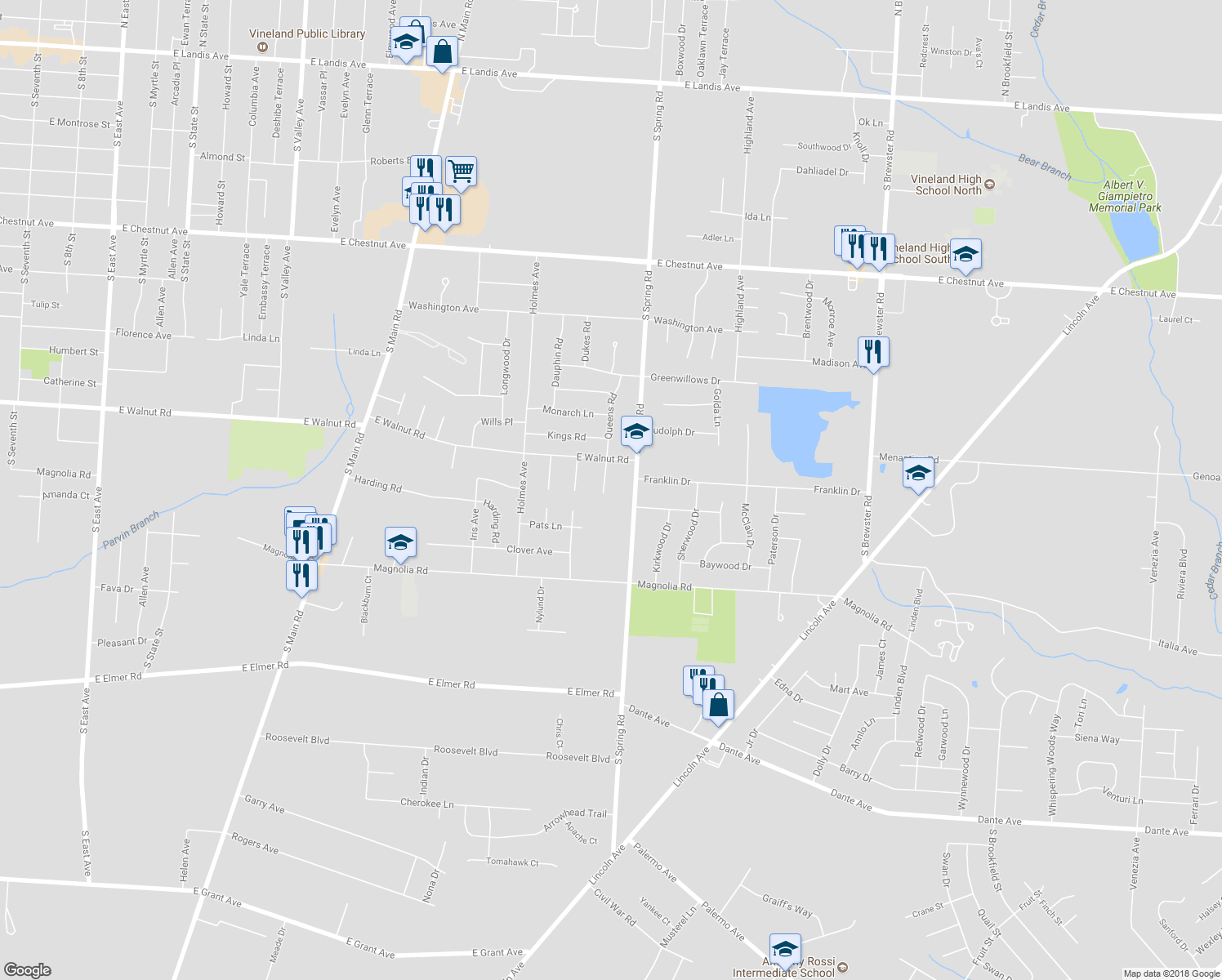 map of restaurants, bars, coffee shops, grocery stores, and more near 1145 Queens Road in Vineland