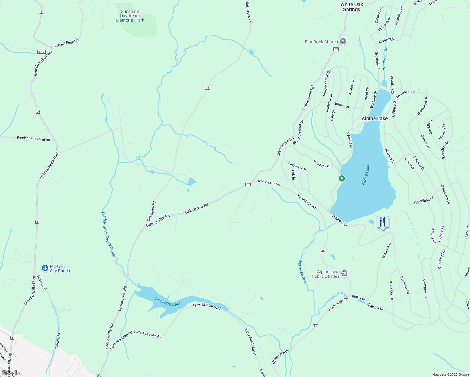 map of restaurants, bars, coffee shops, grocery stores, and more near 1911 Cranesville Road in Terra Alta