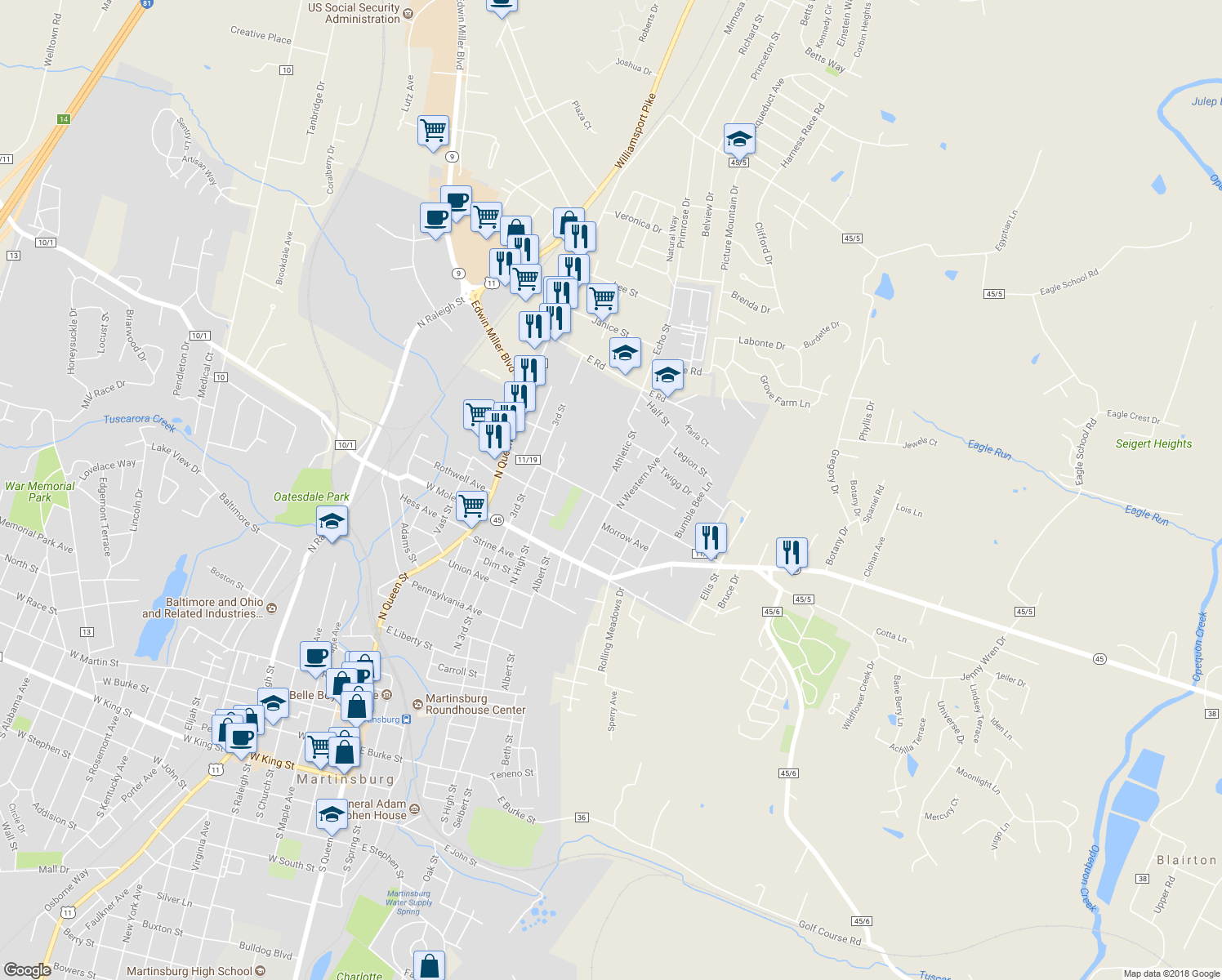 map of restaurants, bars, coffee shops, grocery stores, and more near 301 Athletic Street in Martinsburg