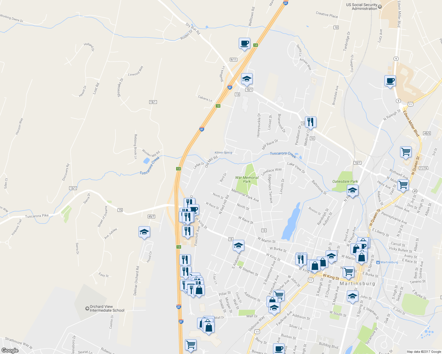 map of restaurants, bars, coffee shops, grocery stores, and more near 102 Byrd Drive in Martinsburg