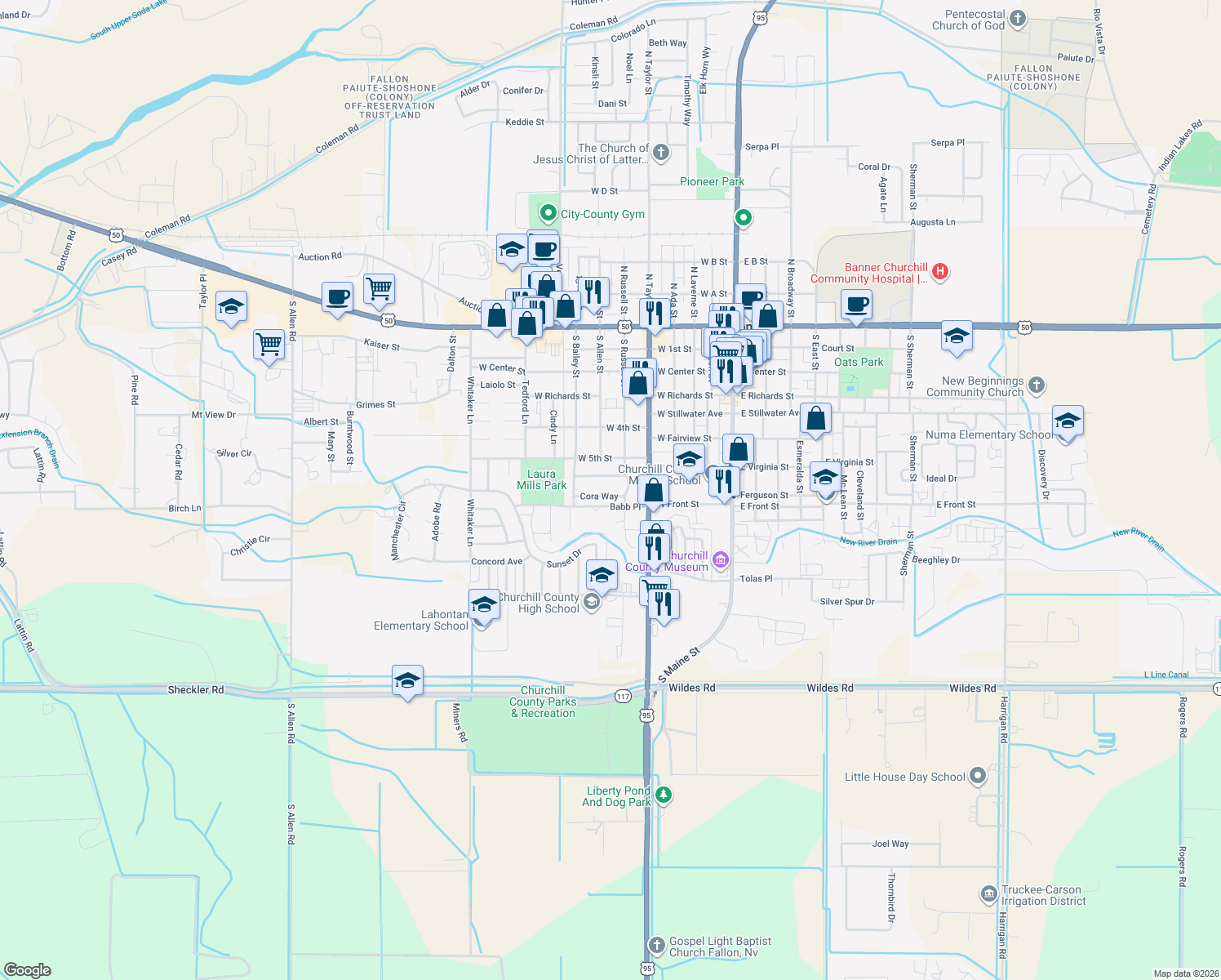 map of restaurants, bars, coffee shops, grocery stores, and more near 550 Cora Way in Fallon