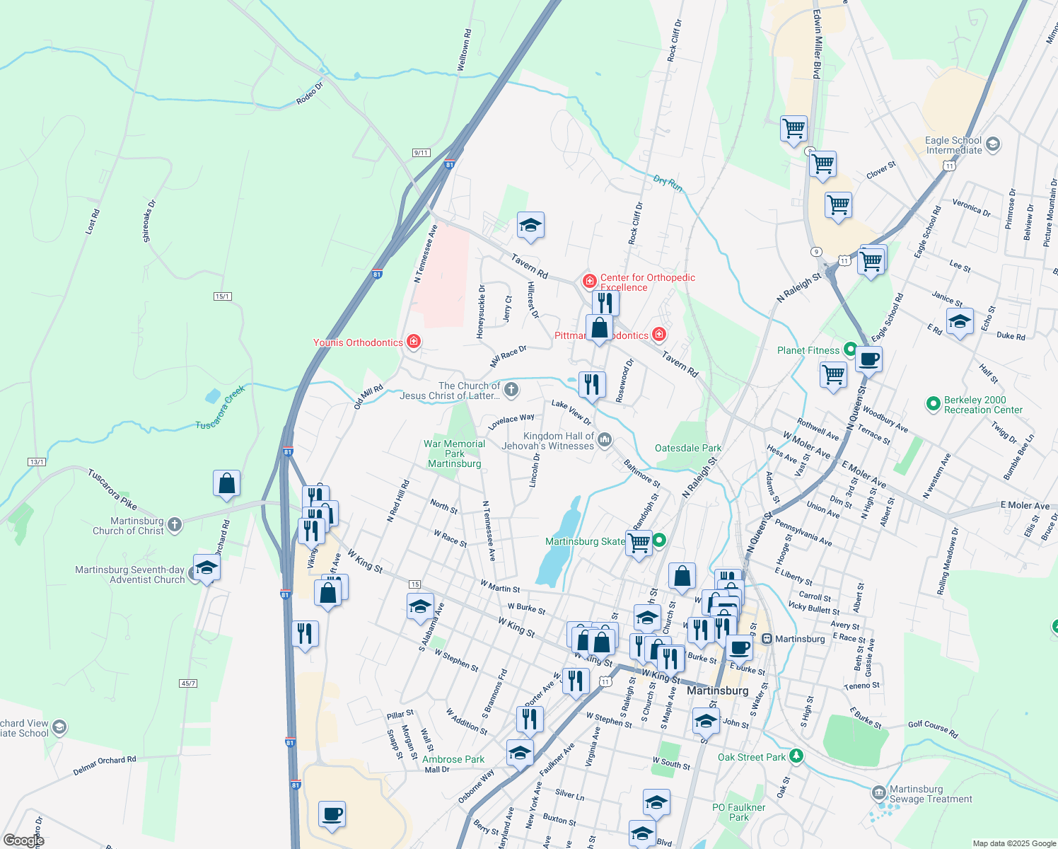 map of restaurants, bars, coffee shops, grocery stores, and more near 501 Cara Court in Martinsburg