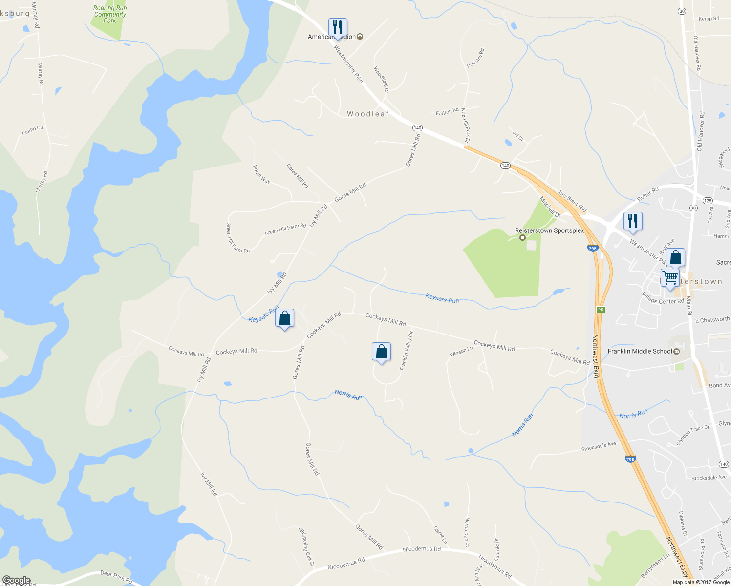 map of restaurants, bars, coffee shops, grocery stores, and more near 638 Cockeys Mill Road in Reisterstown