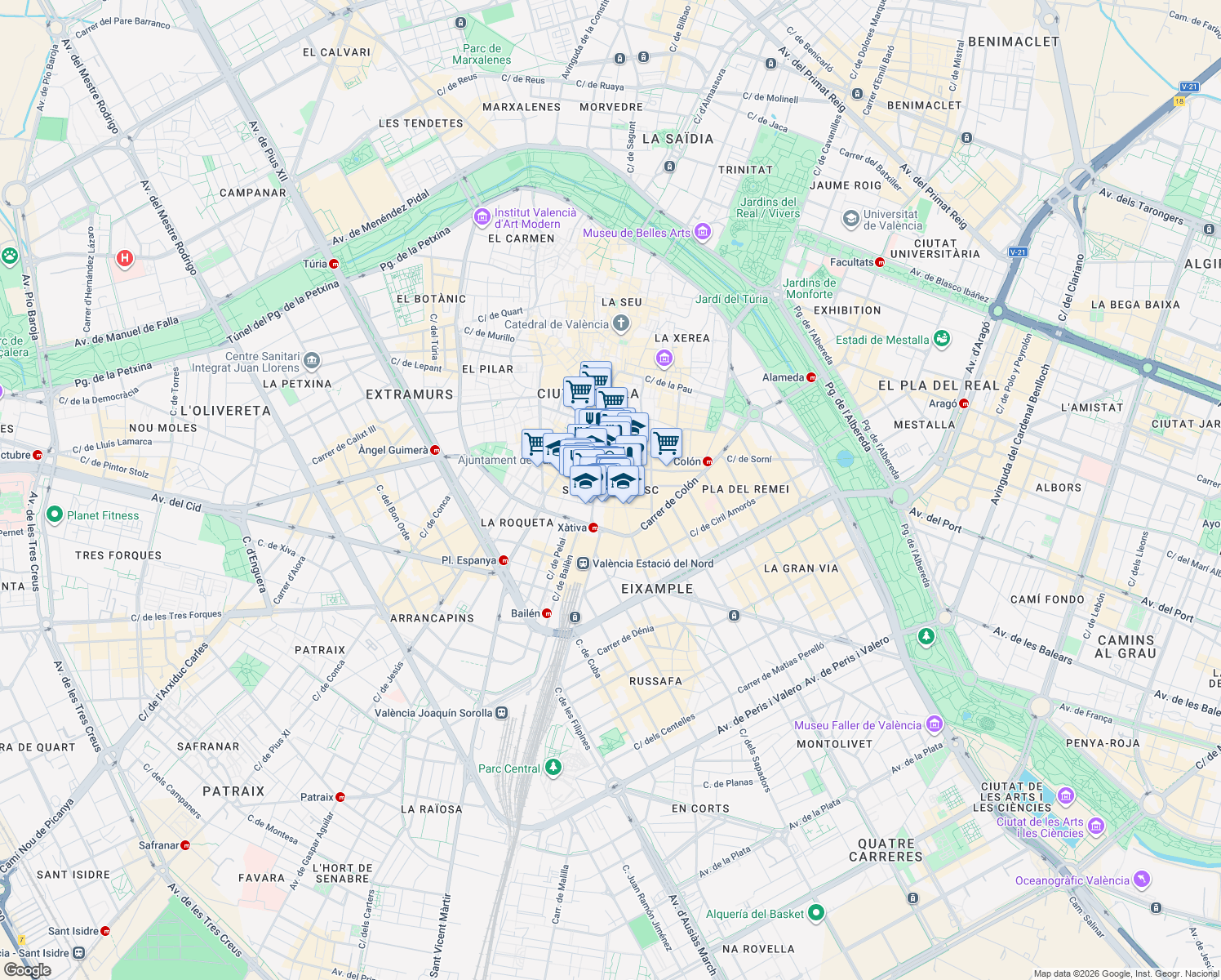 map of restaurants, bars, coffee shops, grocery stores, and more near in València