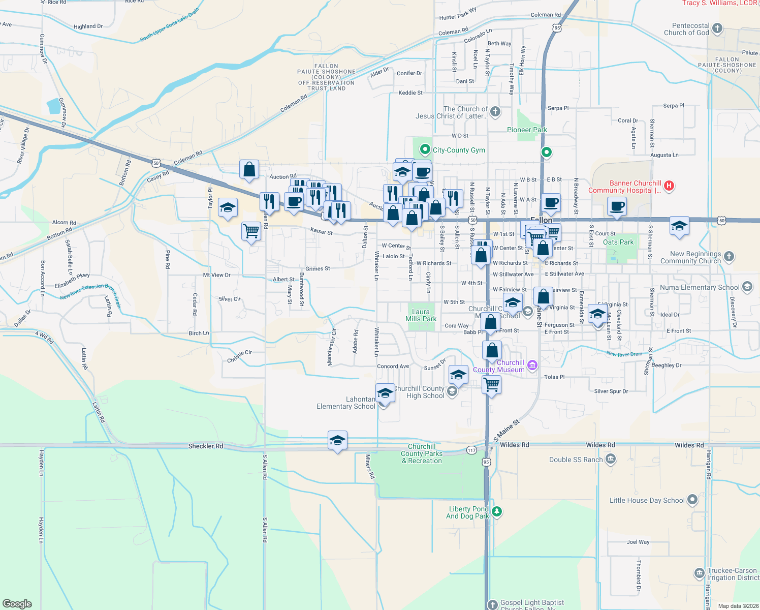 map of restaurants, bars, coffee shops, grocery stores, and more near 501 Whitaker Lane in Fallon