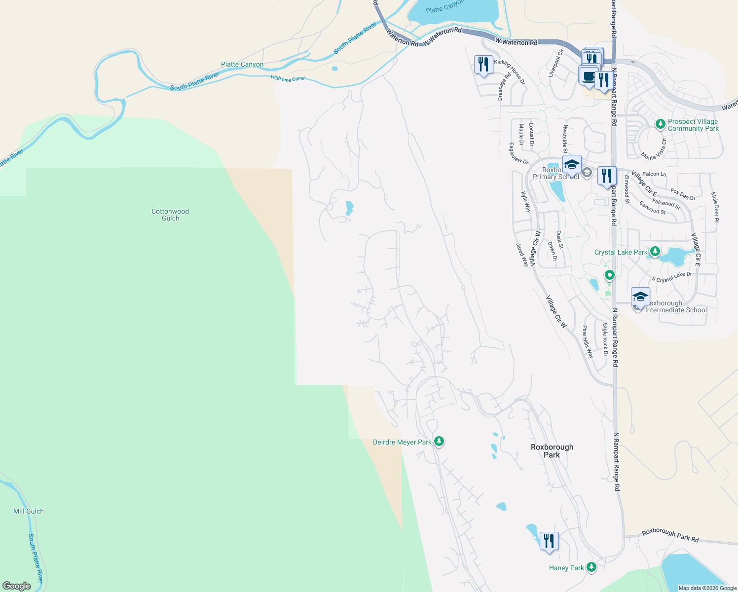 map of restaurants, bars, coffee shops, grocery stores, and more near 7427 Hawks Nest Trail in Littleton
