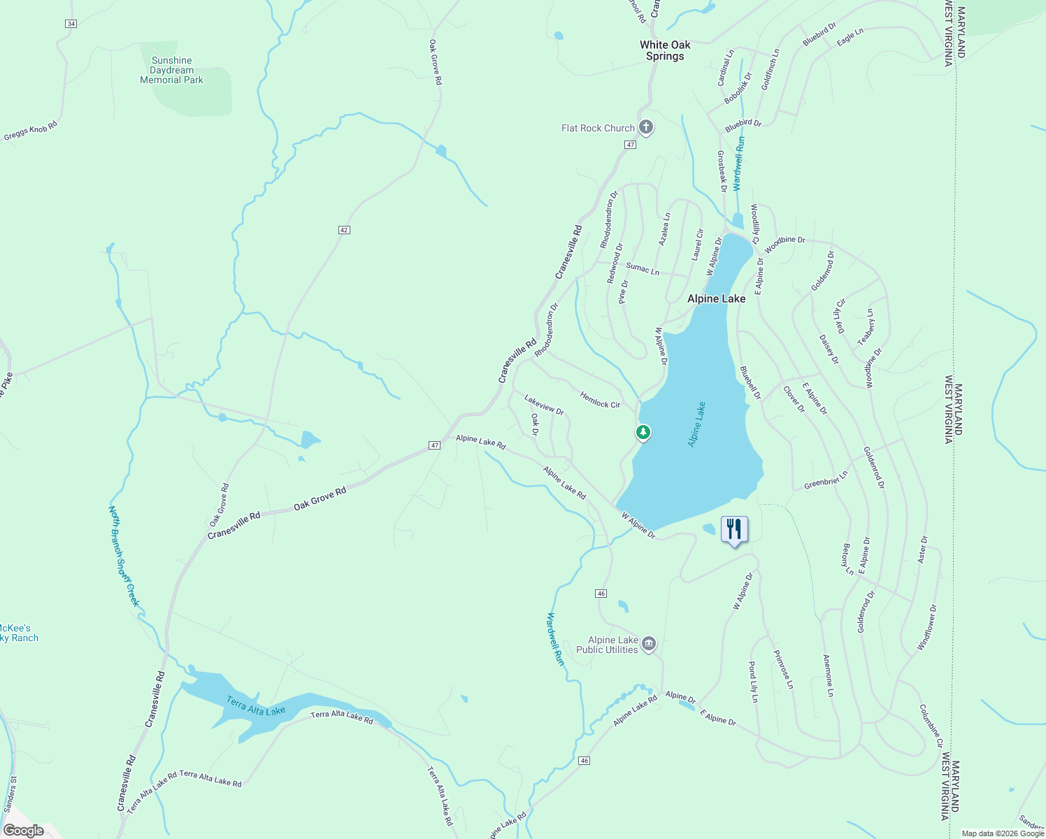 map of restaurants, bars, coffee shops, grocery stores, and more near 428 Rhododendron Drive in Terra Alta