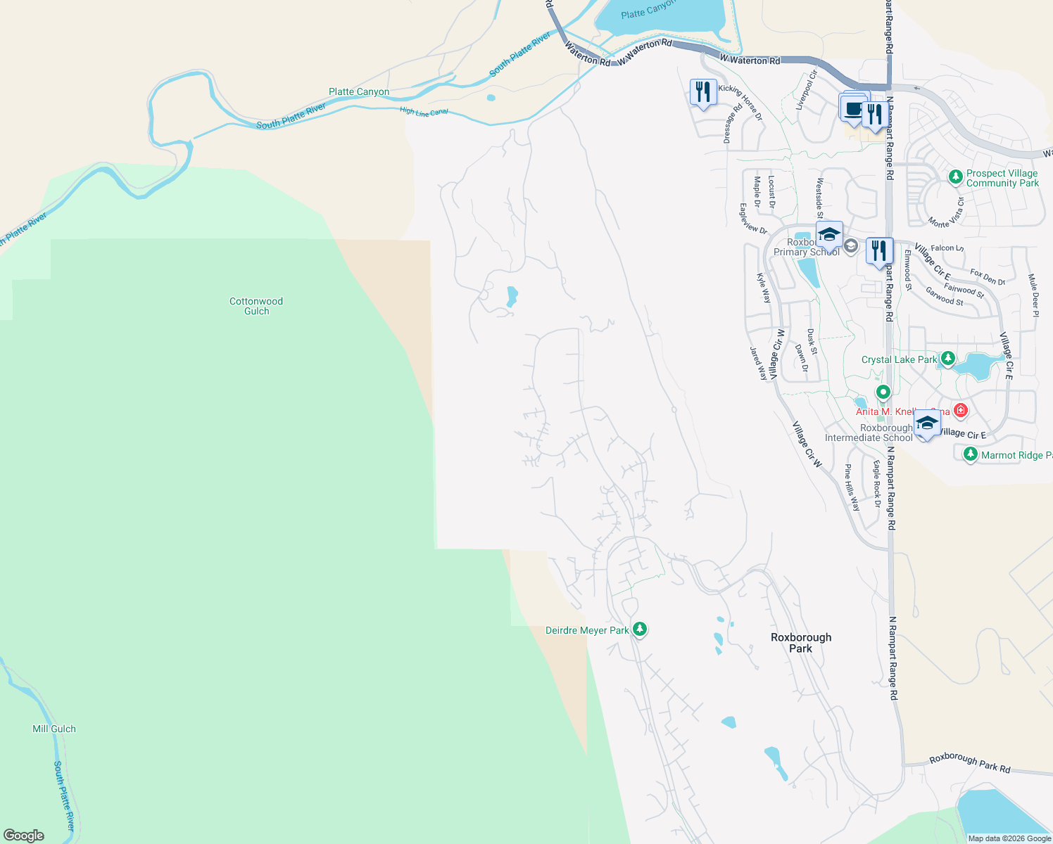 map of restaurants, bars, coffee shops, grocery stores, and more near 11194 West Yucca in Littleton