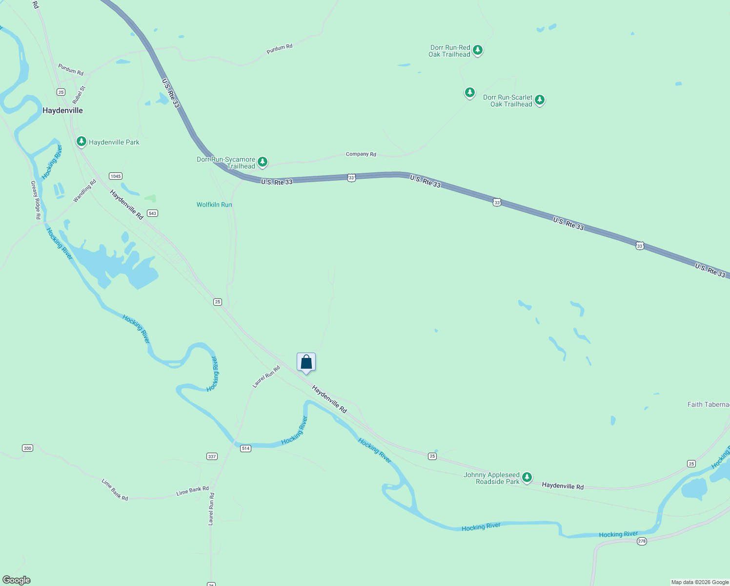 map of restaurants, bars, coffee shops, grocery stores, and more near 17430 Campbell Road in Nelsonville