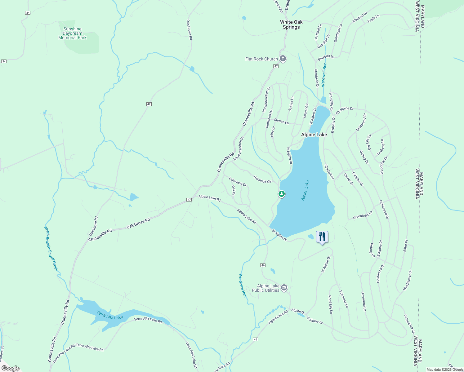 map of restaurants, bars, coffee shops, grocery stores, and more near 428 Rhododendron Dr in Terra Alta