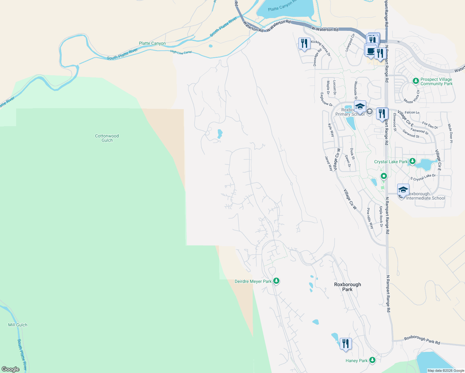 map of restaurants, bars, coffee shops, grocery stores, and more near 7427 Hawks Nest Trail in Littleton