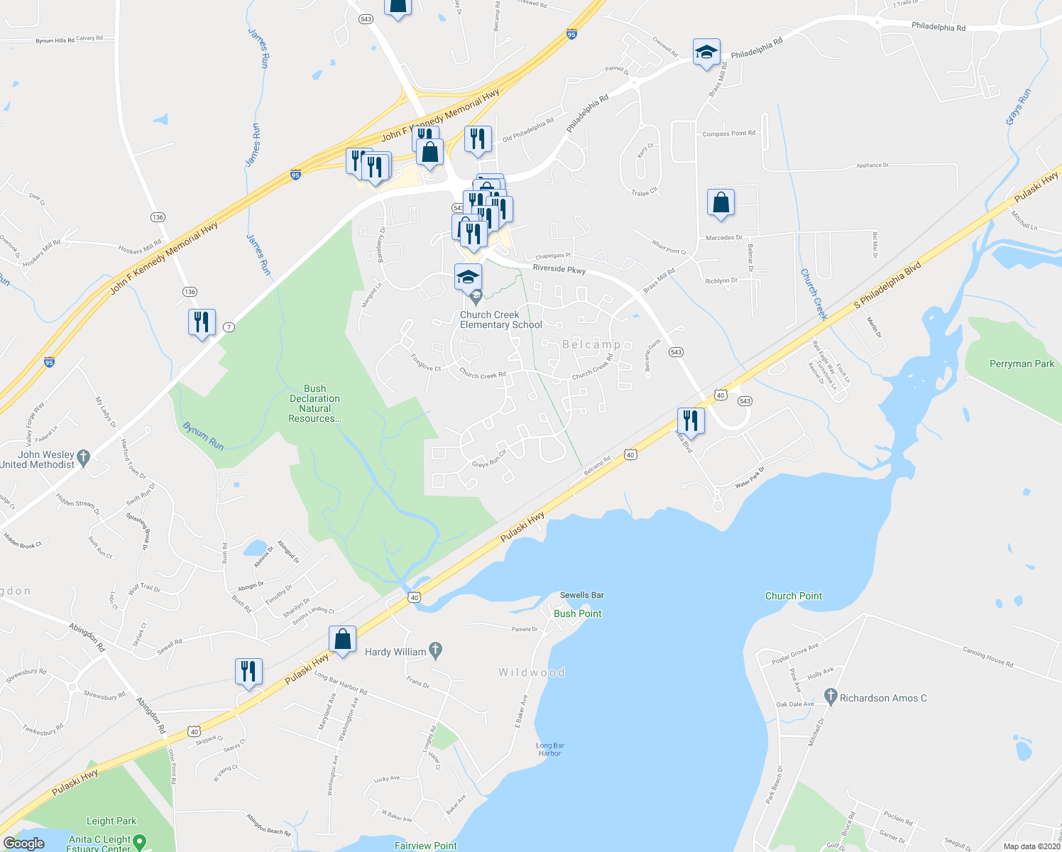 map of restaurants, bars, coffee shops, grocery stores, and more near 1213 Brice Square in Belcamp
