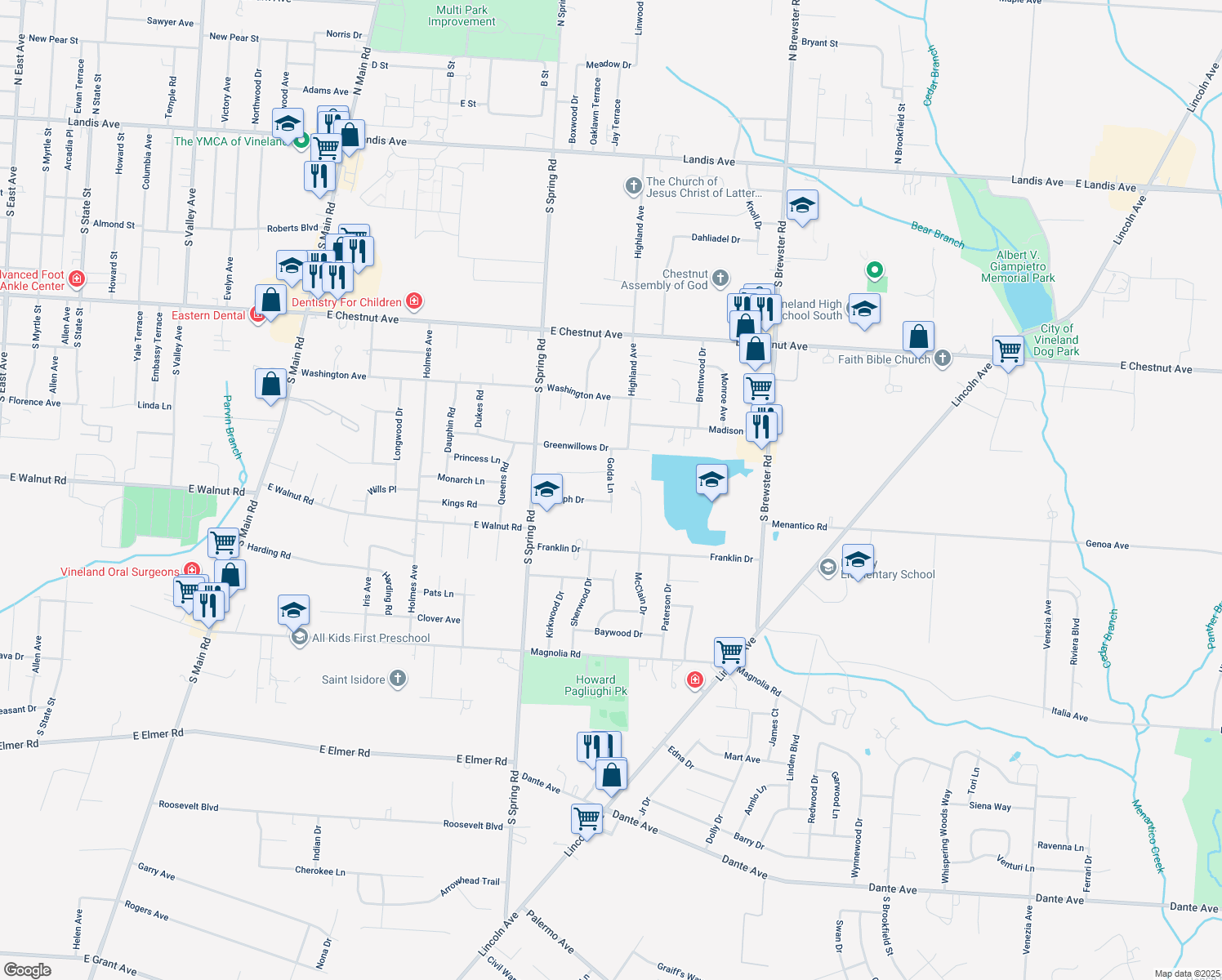 map of restaurants, bars, coffee shops, grocery stores, and more near Golda Lane in Vineland
