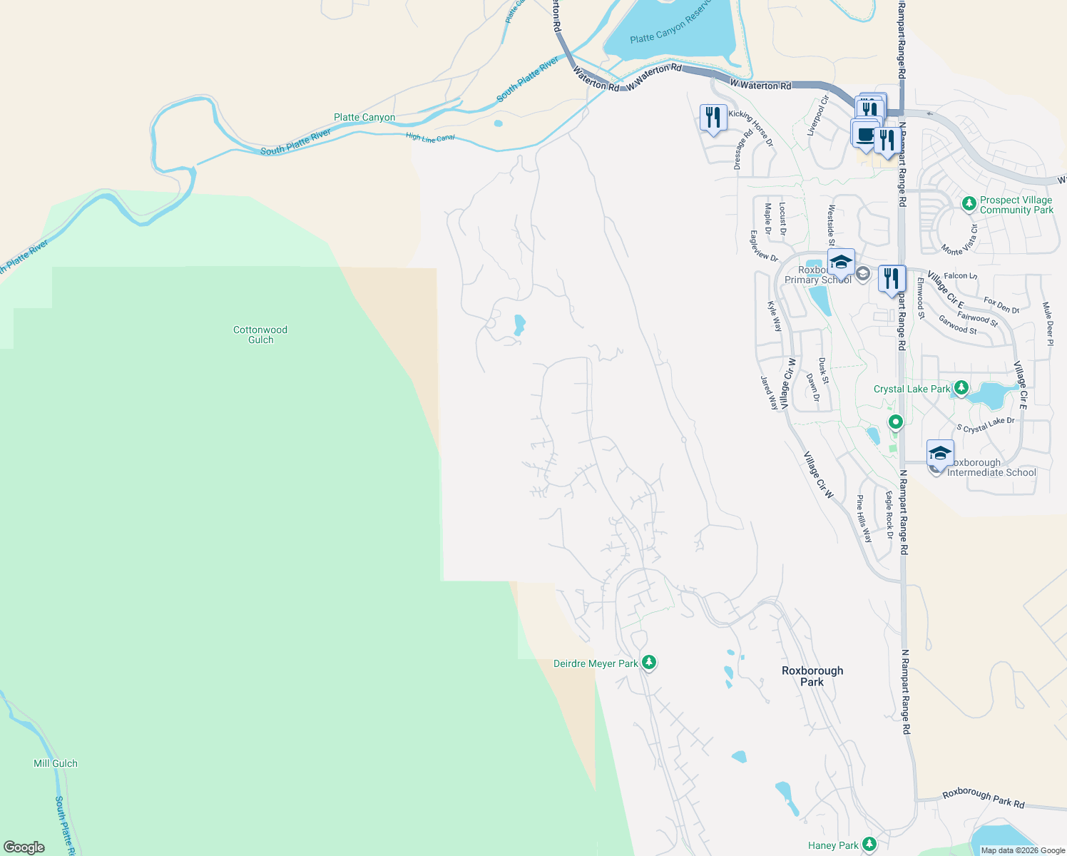 map of restaurants, bars, coffee shops, grocery stores, and more near 11236 West Lost Arrow in Littleton