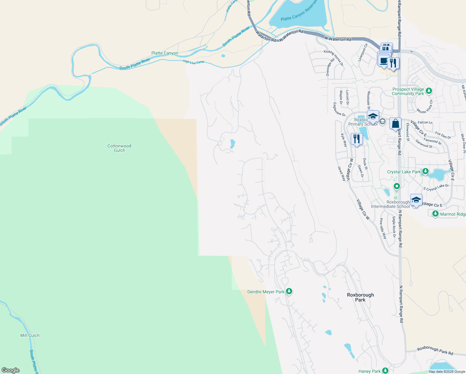 map of restaurants, bars, coffee shops, grocery stores, and more near 11236 West Lost Arrow in Littleton