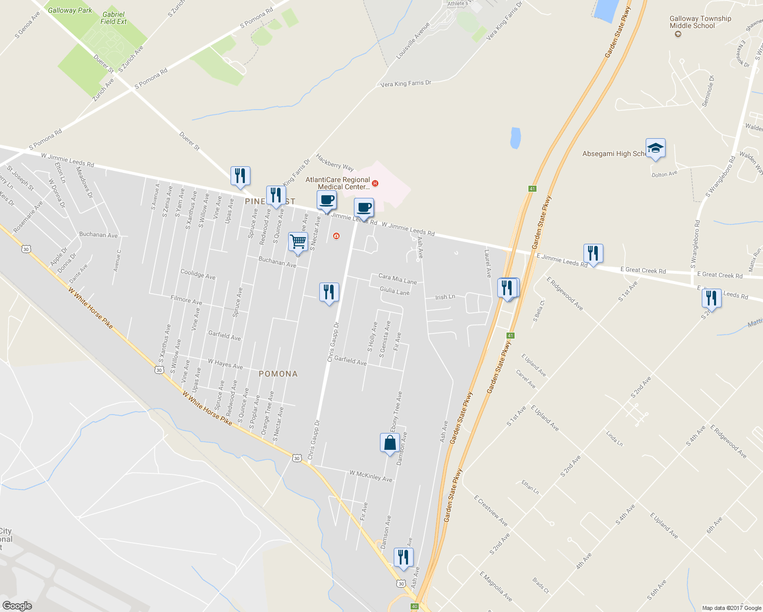 map of restaurants, bars, coffee shops, grocery stores, and more near 122 Justine Lane in Galloway