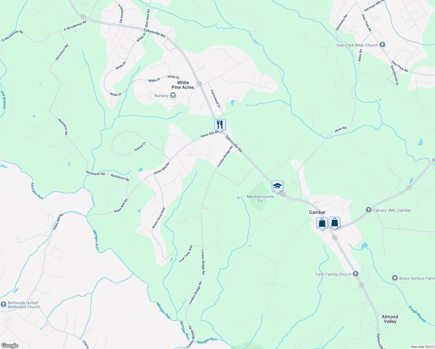 map of restaurants, bars, coffee shops, grocery stores, and more near 3771 London Bridge Road in Sykesville