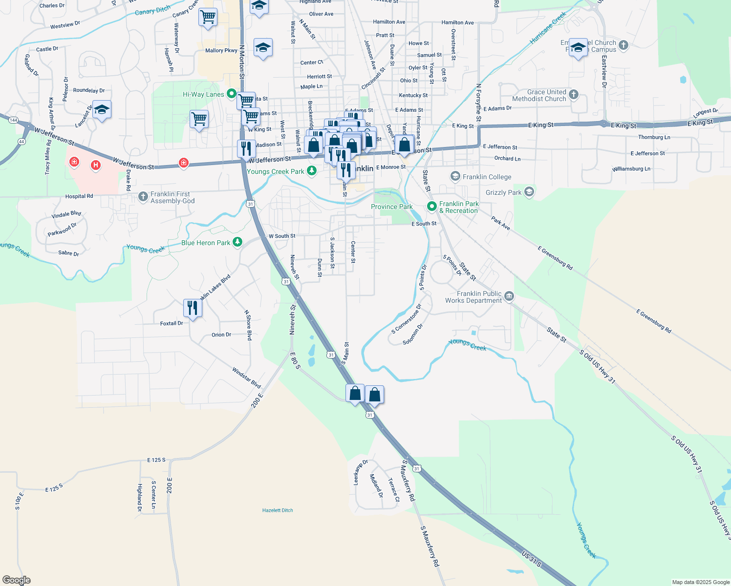 map of restaurants, bars, coffee shops, grocery stores, and more near 131 Champ Ulysses Street in Franklin