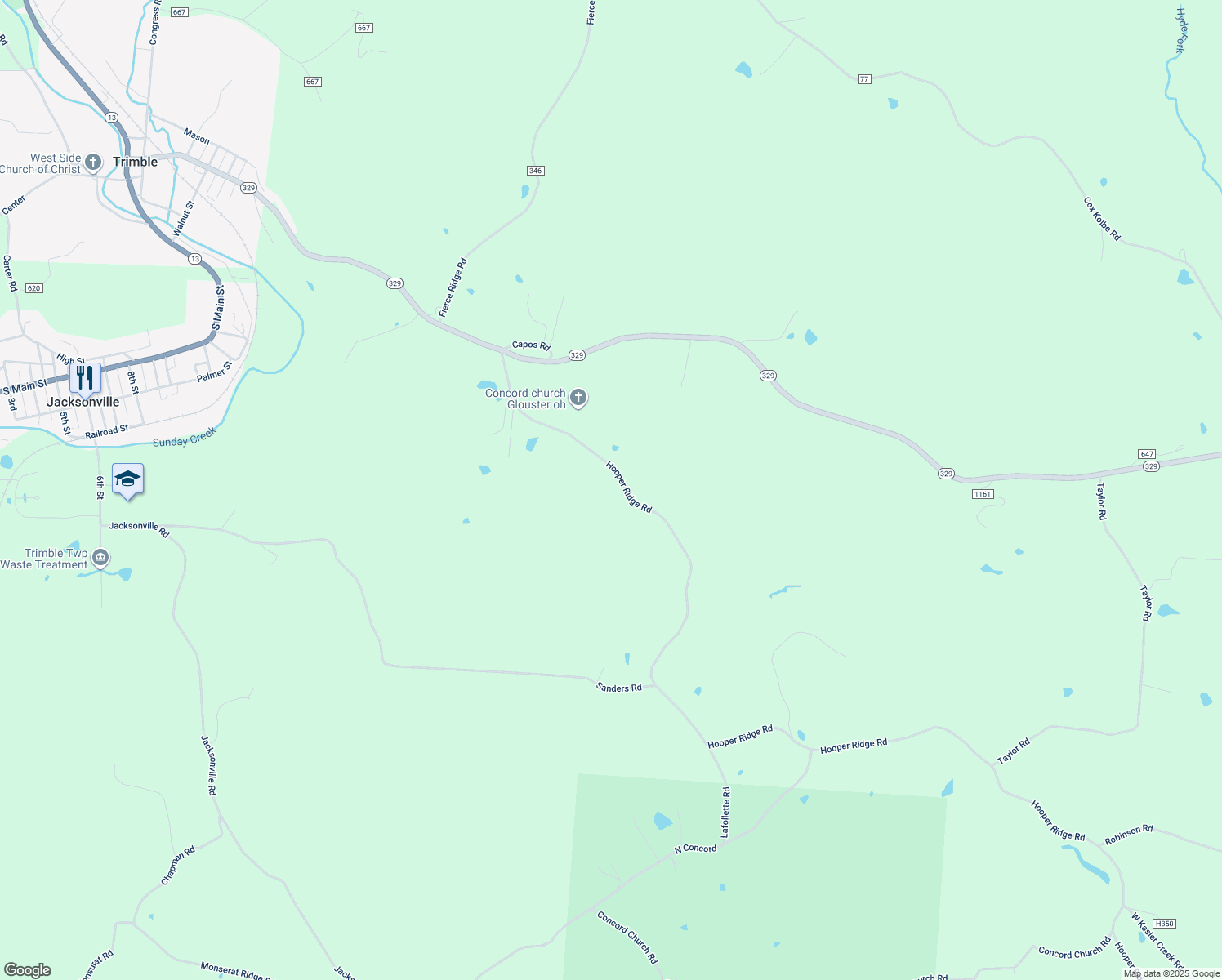 map of restaurants, bars, coffee shops, grocery stores, and more near 11375 Hooper Ridge Road in Glouster