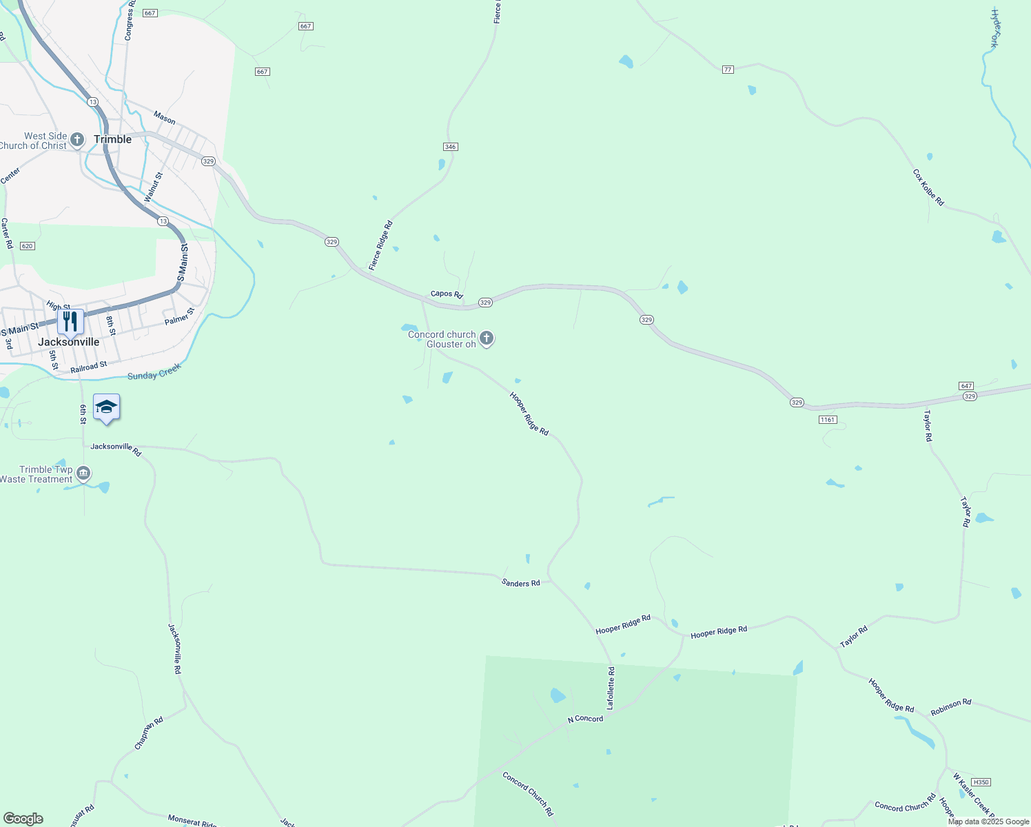 map of restaurants, bars, coffee shops, grocery stores, and more near 11375 Hooper Ridge Road in Glouster