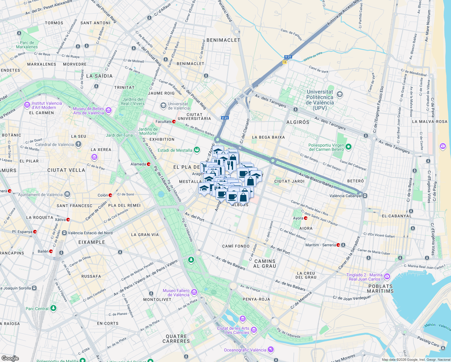 map of restaurants, bars, coffee shops, grocery stores, and more near 67 Avinguda del Cardenal Benlloch in València
