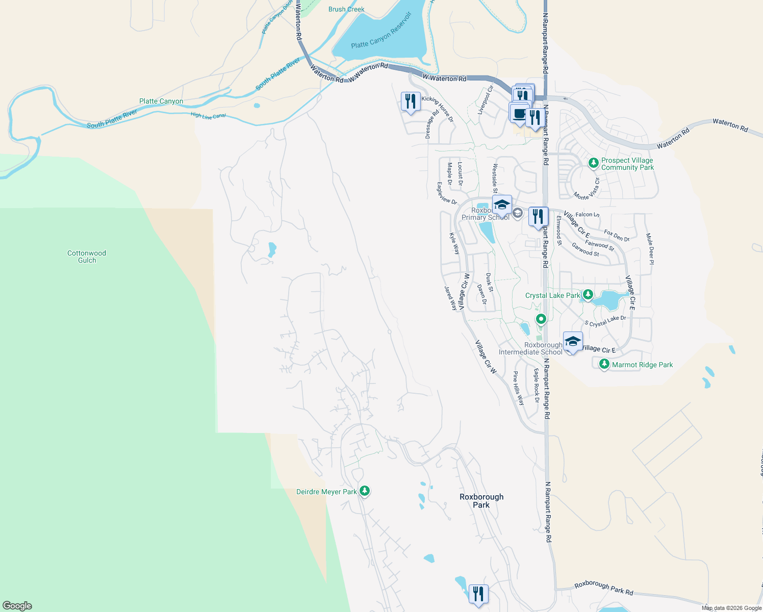 map of restaurants, bars, coffee shops, grocery stores, and more near 7608 Raphael Lane in Littleton