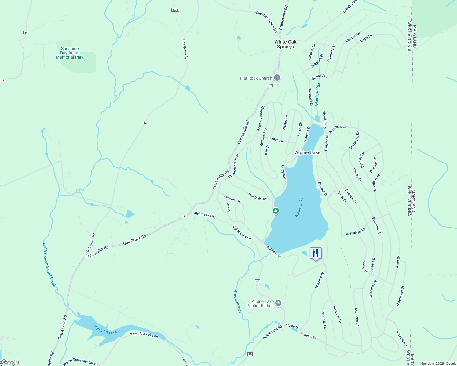 map of restaurants, bars, coffee shops, grocery stores, and more near 625 Rhododendron Drive in Terra Alta