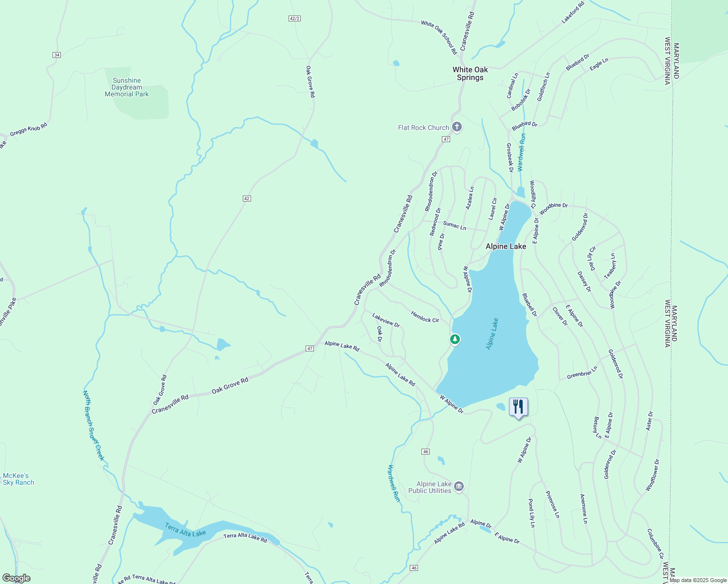 map of restaurants, bars, coffee shops, grocery stores, and more near 625 Rhododendron Drive in Terra Alta