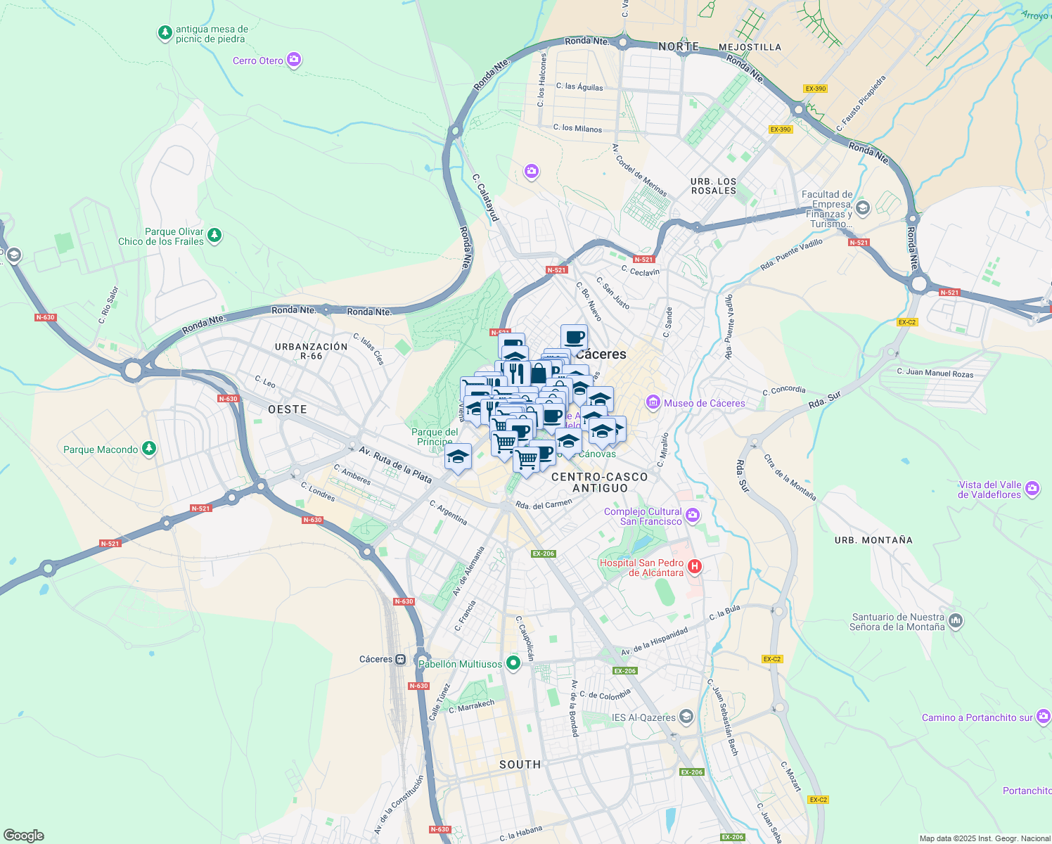 map of restaurants, bars, coffee shops, grocery stores, and more near 2 Avenida Clara Campoamor in Cáceres