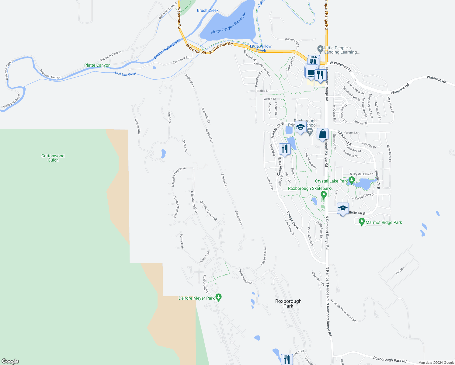 map of restaurants, bars, coffee shops, grocery stores, and more near 7608 Raphael Lane in Littleton