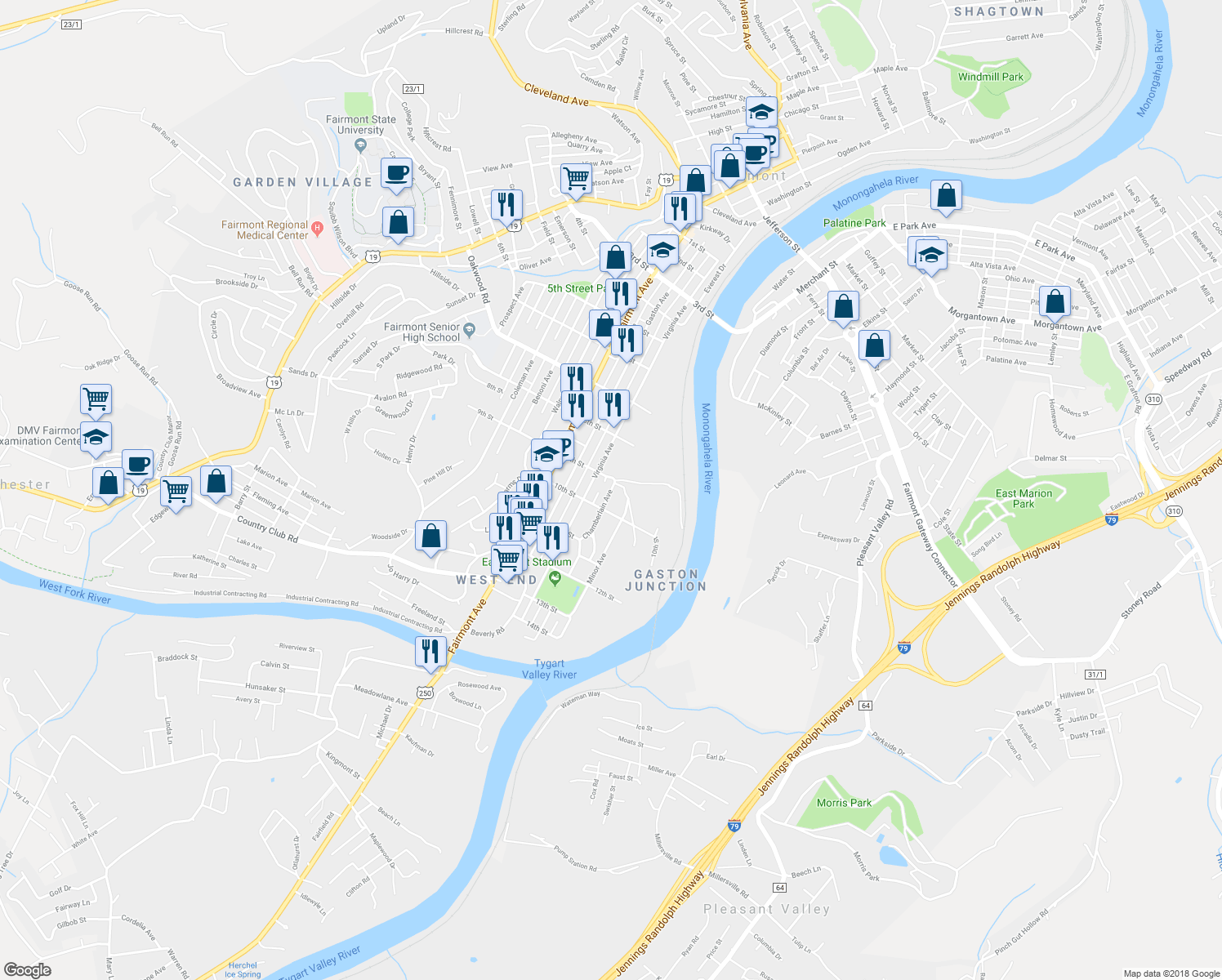 map of restaurants, bars, coffee shops, grocery stores, and more near 911 Chamberlain Avenue in Fairmont