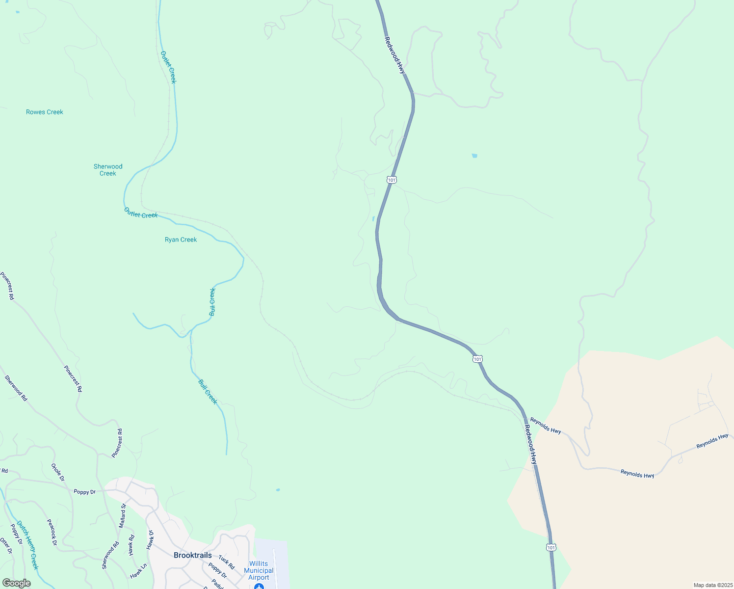 map of restaurants, bars, coffee shops, grocery stores, and more near 7650 Ryan Creek Road in Willits