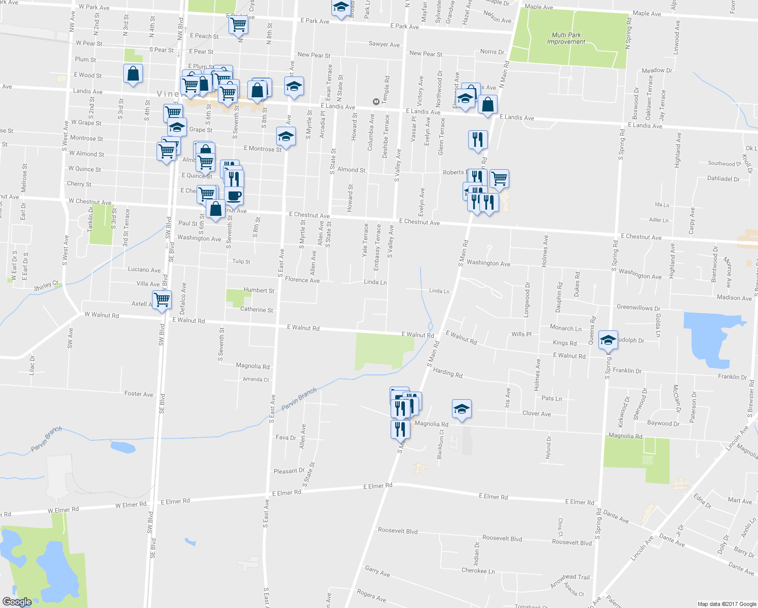 map of restaurants, bars, coffee shops, grocery stores, and more near 1071 Elizabeth Dr in Vineland
