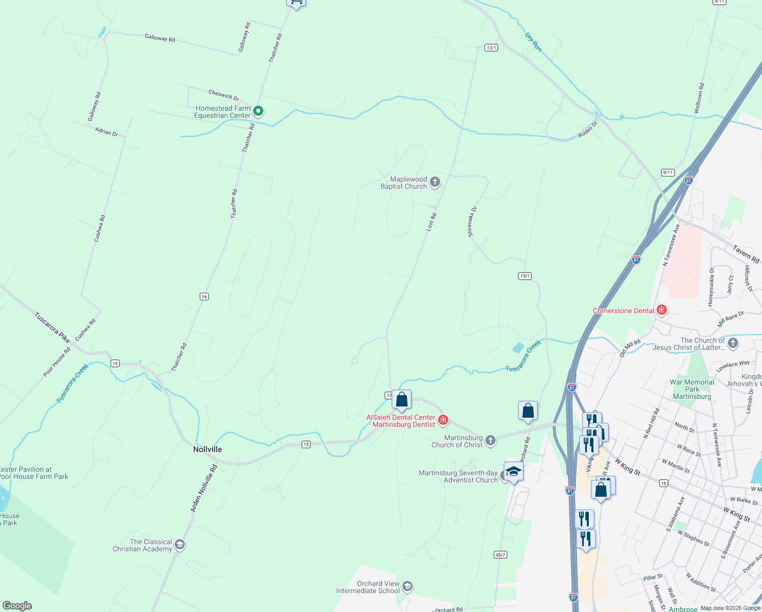 map of restaurants, bars, coffee shops, grocery stores, and more near 465 Lost Road in Martinsburg