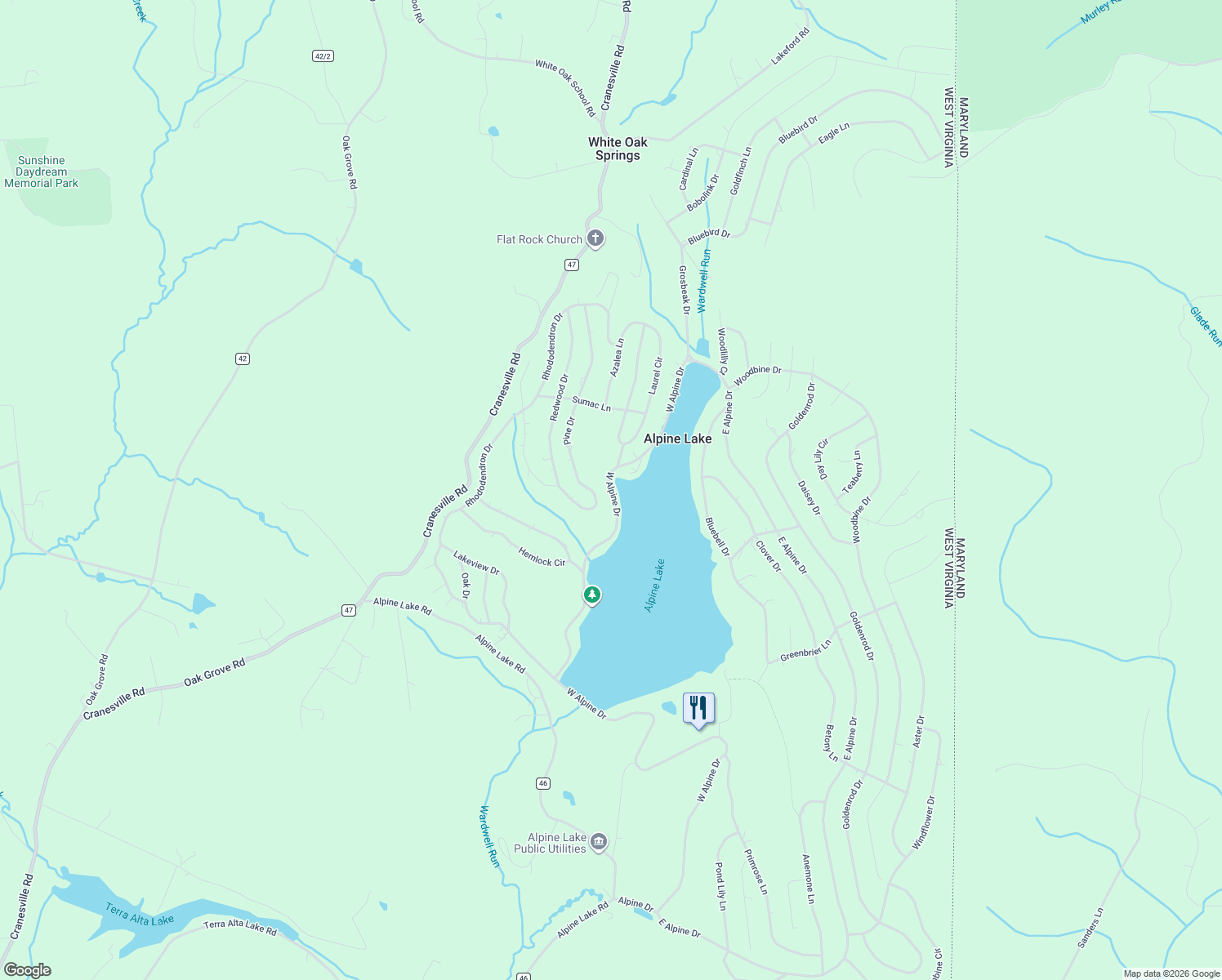 map of restaurants, bars, coffee shops, grocery stores, and more near 2045 Alpine Drive in Terra Alta