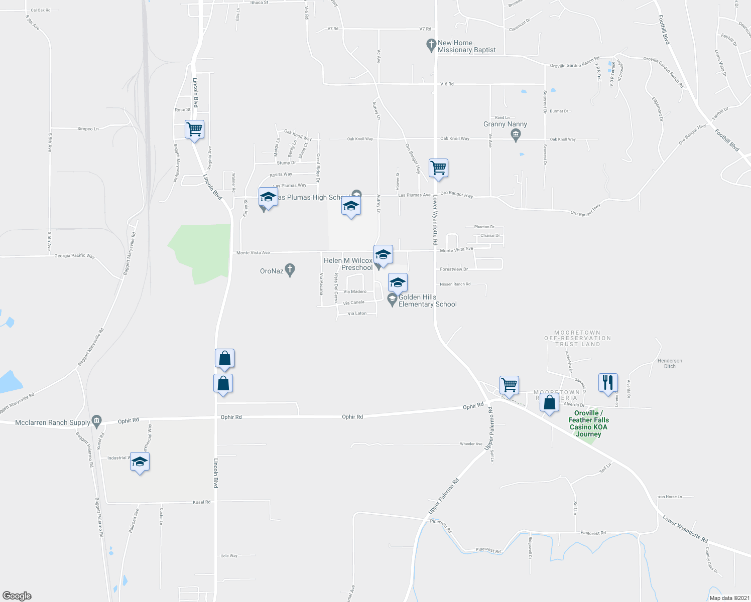 map of restaurants, bars, coffee shops, grocery stores, and more near 2400 Vía Canela in Oroville