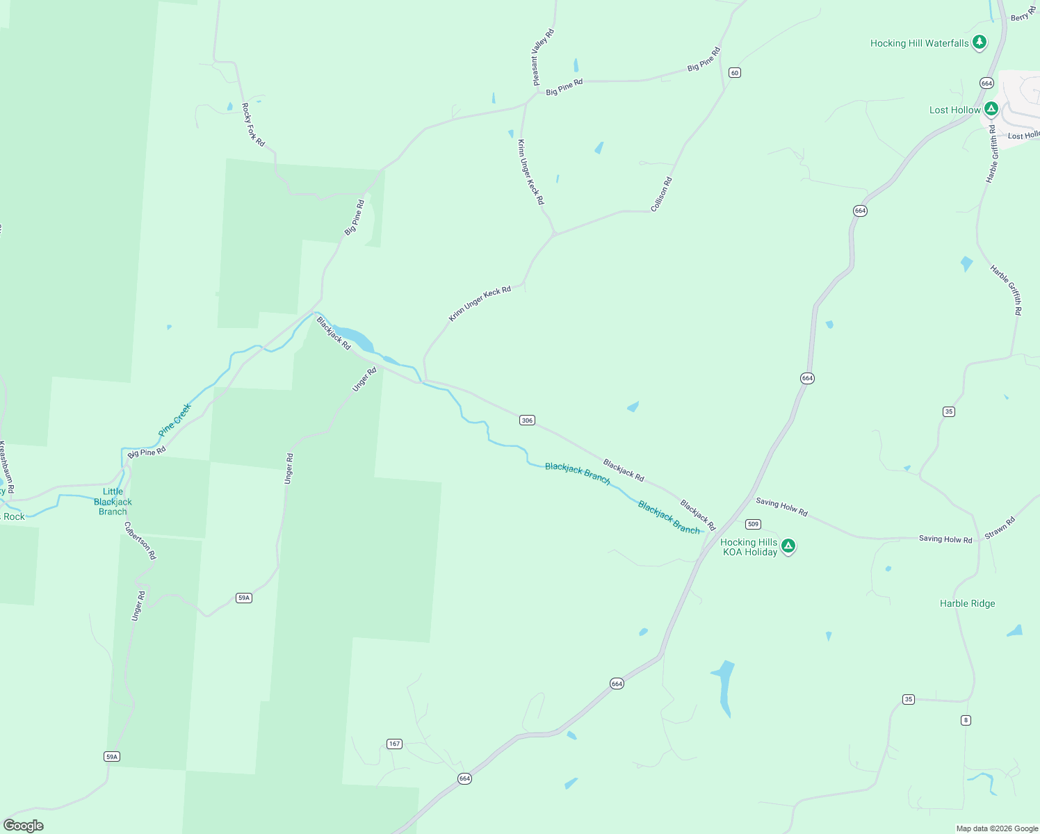 map of restaurants, bars, coffee shops, grocery stores, and more near County Road 306 in Hocking County