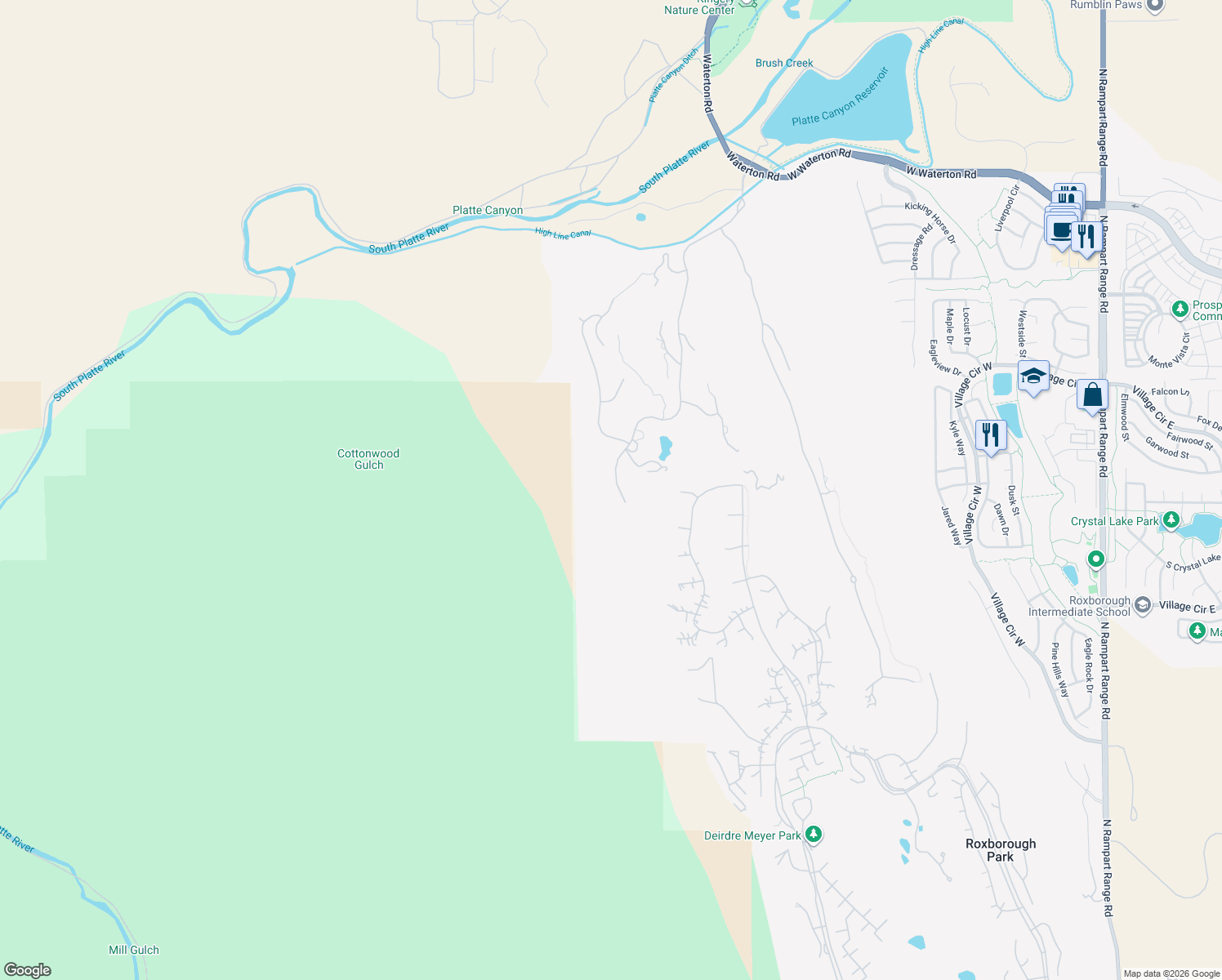 map of restaurants, bars, coffee shops, grocery stores, and more near 7685 Dante Drive in Littleton