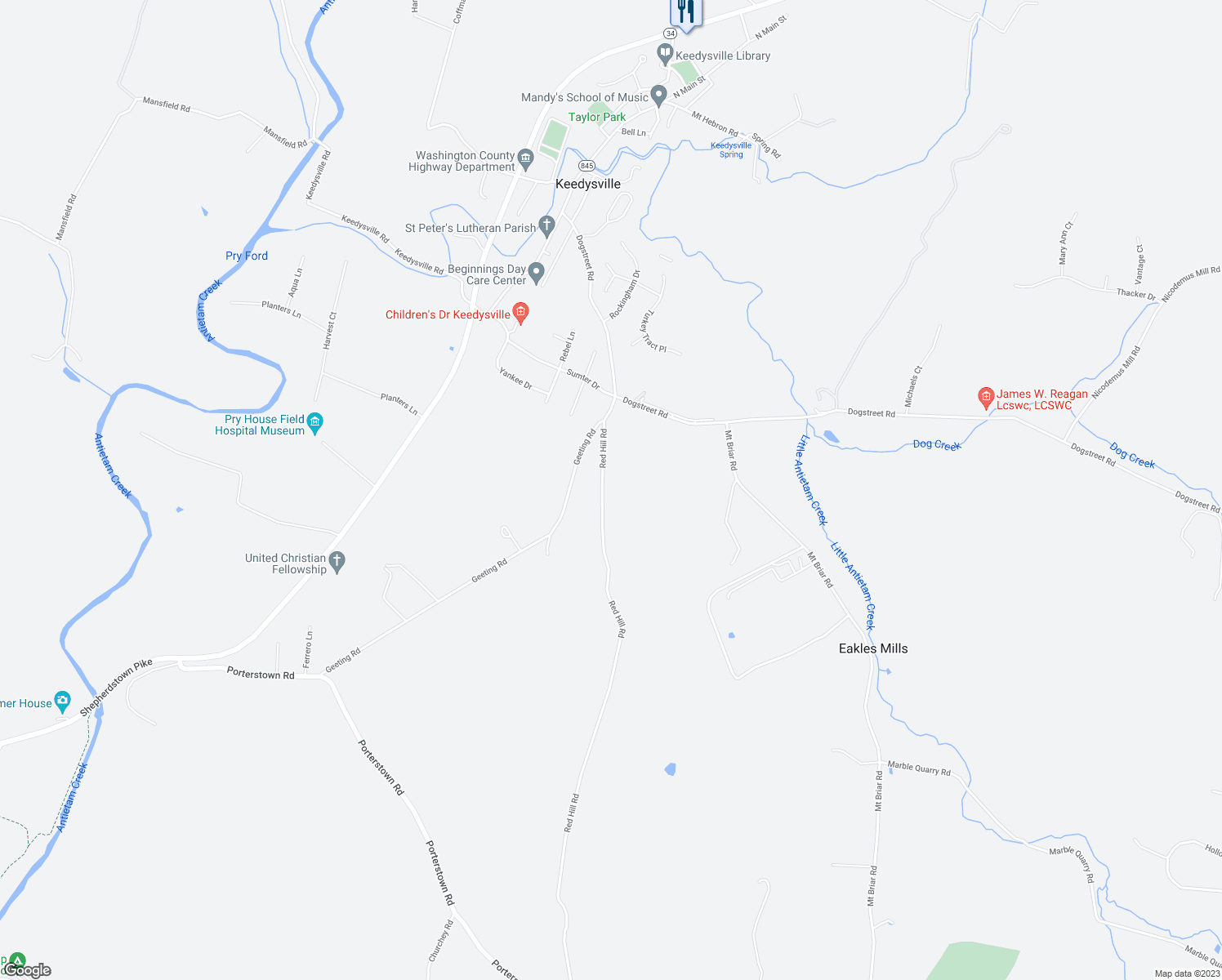 map of restaurants, bars, coffee shops, grocery stores, and more near 5805 Red Hill Road in Keedysville