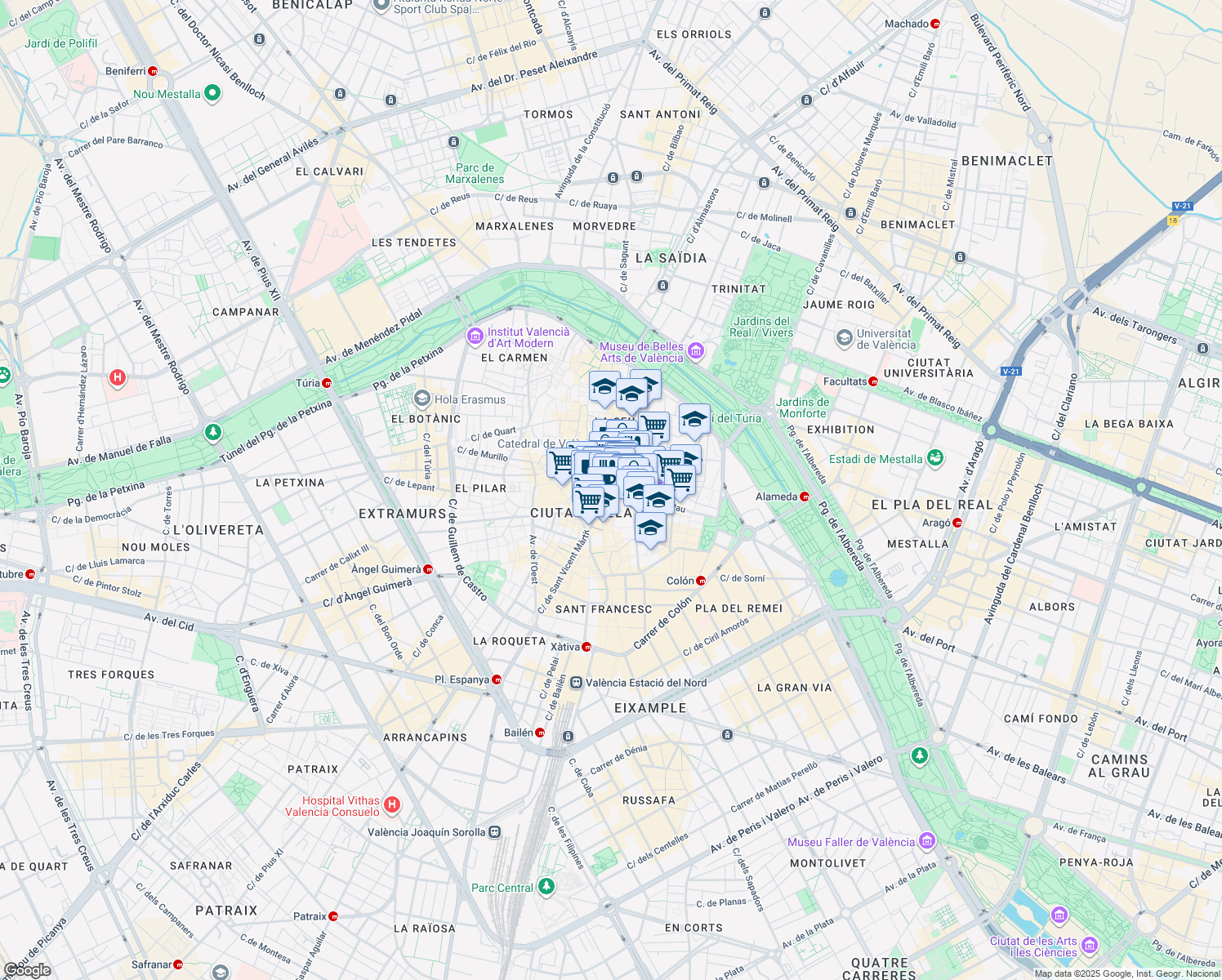 map of restaurants, bars, coffee shops, grocery stores, and more near in Valencia