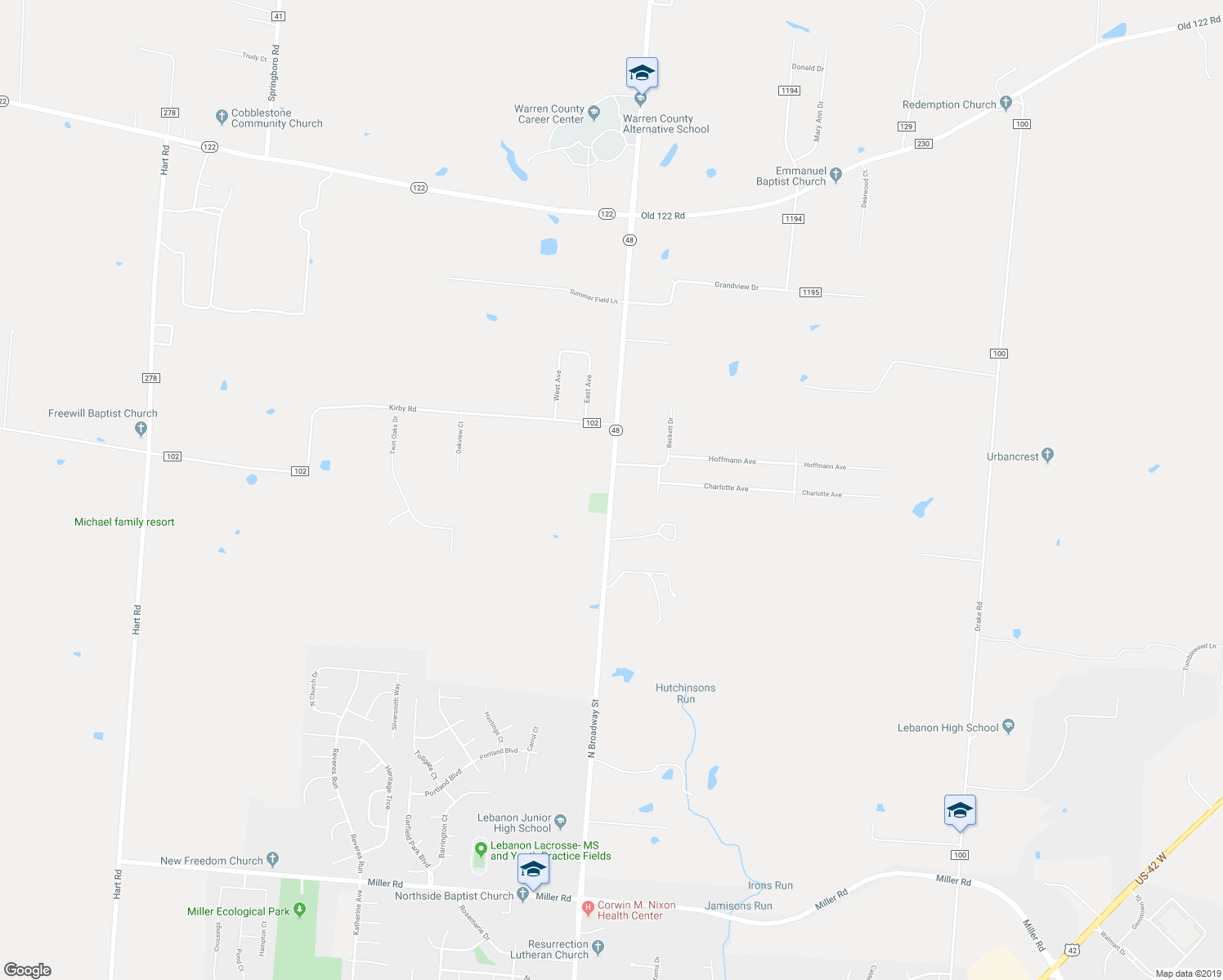 map of restaurants, bars, coffee shops, grocery stores, and more near 2536 Ohio 48 in Lebanon