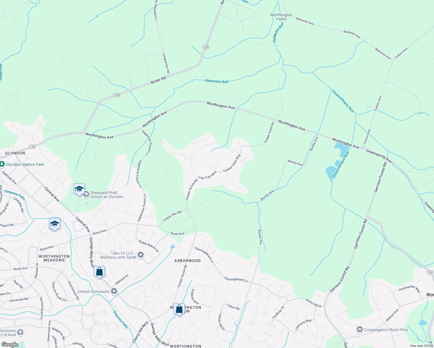 map of restaurants, bars, coffee shops, grocery stores, and more near 3823 Timber View Way in Reisterstown