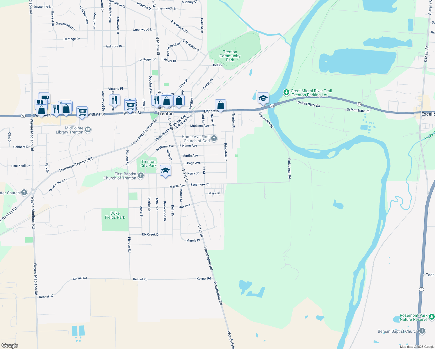 map of restaurants, bars, coffee shops, grocery stores, and more near 413 Kerry Street in Trenton