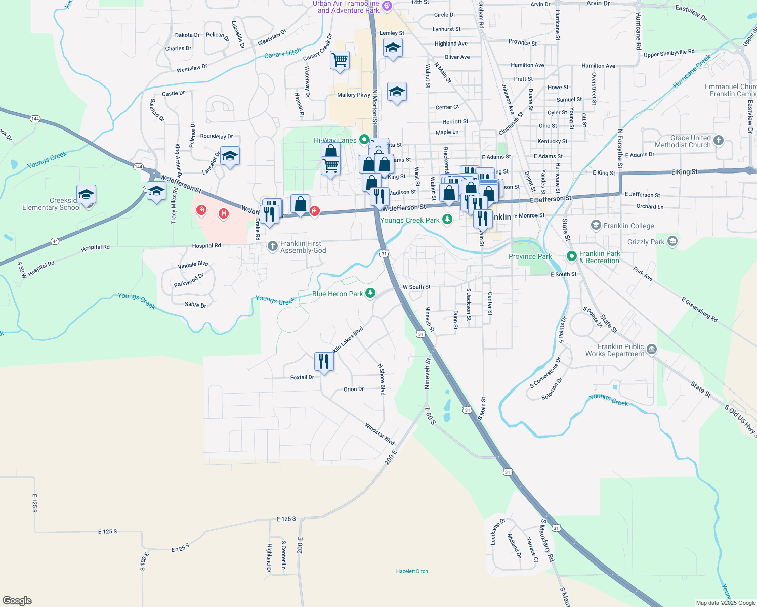 map of restaurants, bars, coffee shops, grocery stores, and more near 731 Franklin Lakes Blvd in Franklin