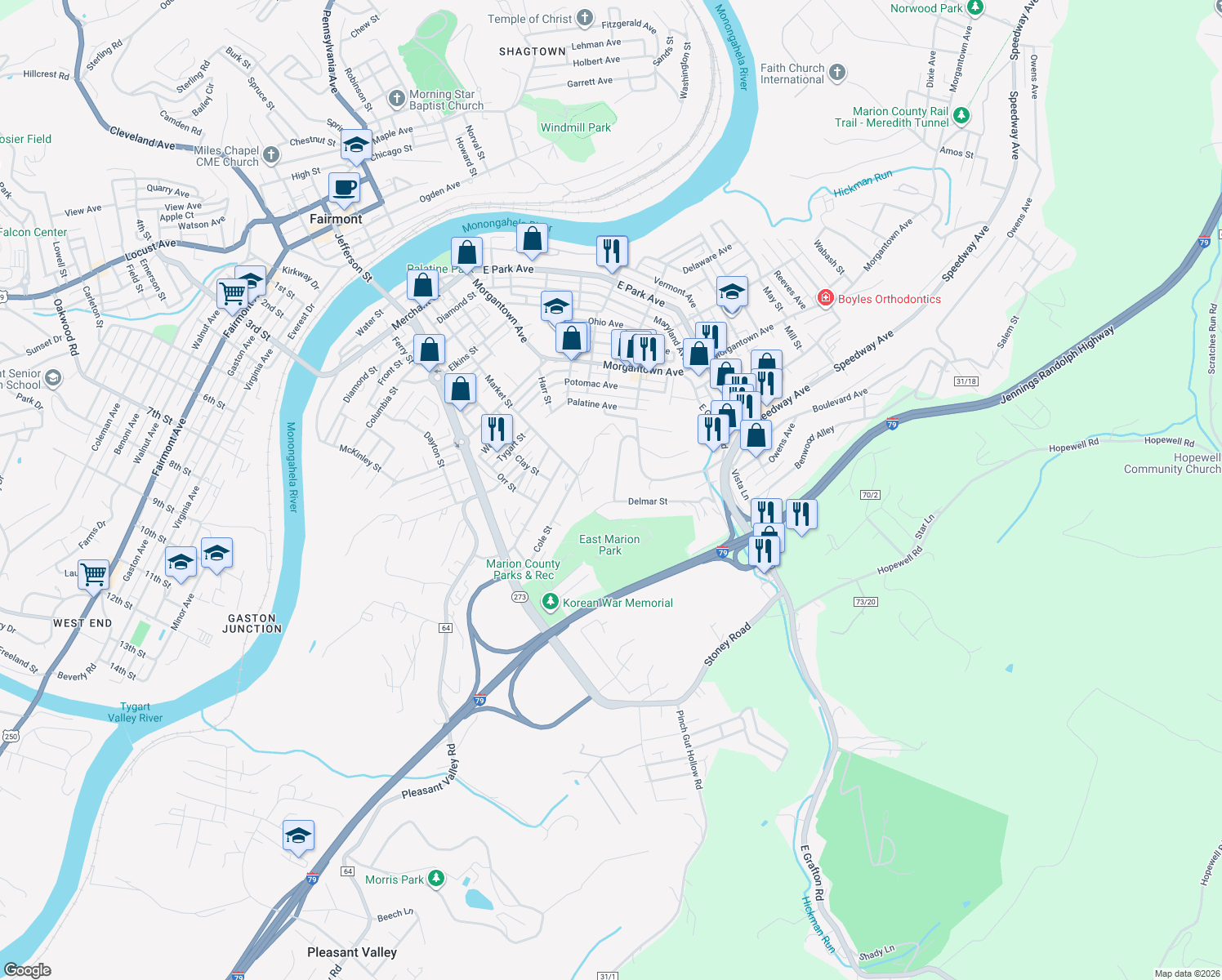 map of restaurants, bars, coffee shops, grocery stores, and more near 291 Homewood Avenue in Fairmont