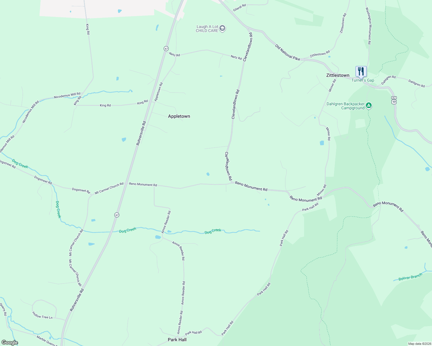map of restaurants, bars, coffee shops, grocery stores, and more near 20844 Reno Monument Road in Boonsboro
