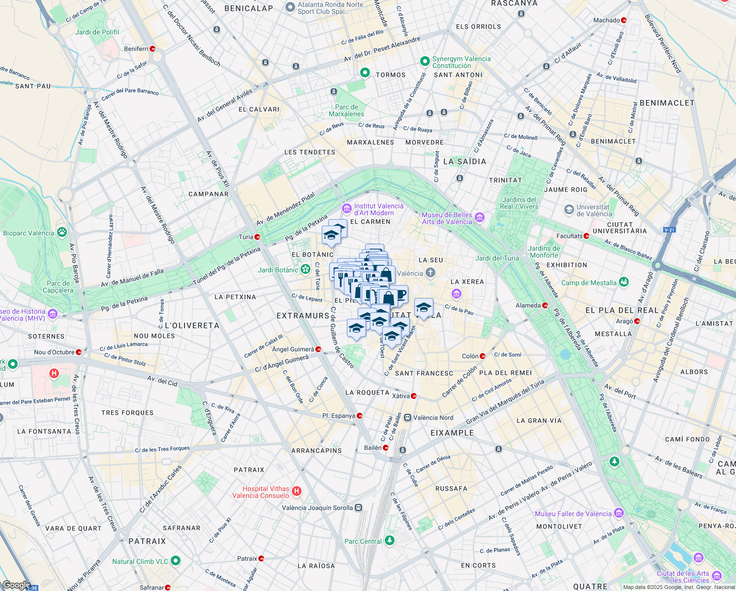 map of restaurants, bars, coffee shops, grocery stores, and more near 6 Plaza Don Juan de Villarrasa in Valencia