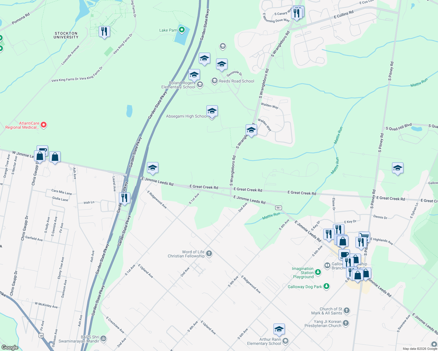 map of restaurants, bars, coffee shops, grocery stores, and more near 127 East Great Creek Road in Galloway